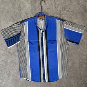 VTG Roper Rodeo Blue L Western Short Sleeve Striped Button Up Shirt Blue Black